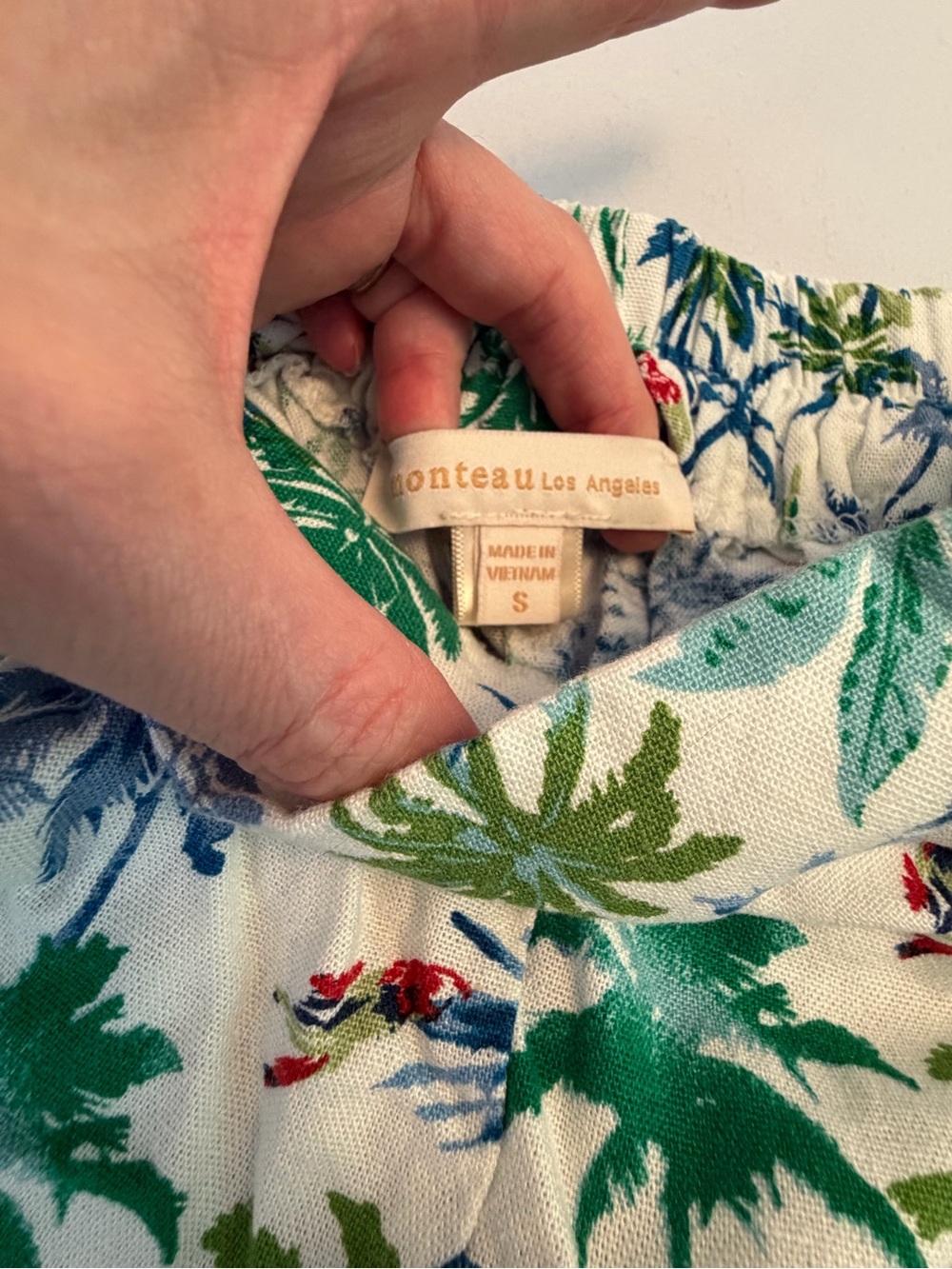 Monteau White Palm Print Linen Blend Women’s Shorts with Green & Blue Size Small - Picture 5 of 7